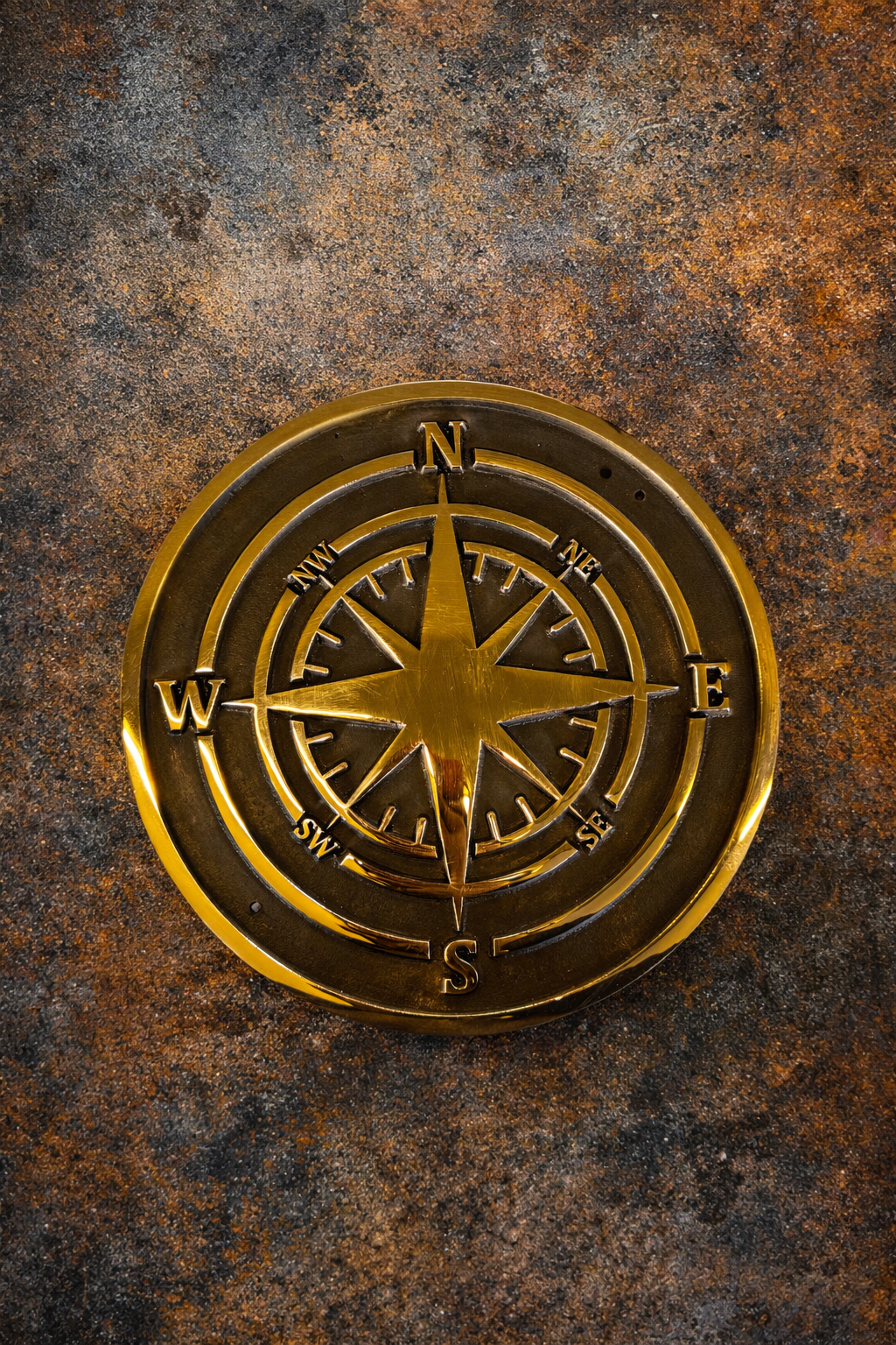 Cast bronze compass wall plaque with raised compass rose detail mounted on exterior wall