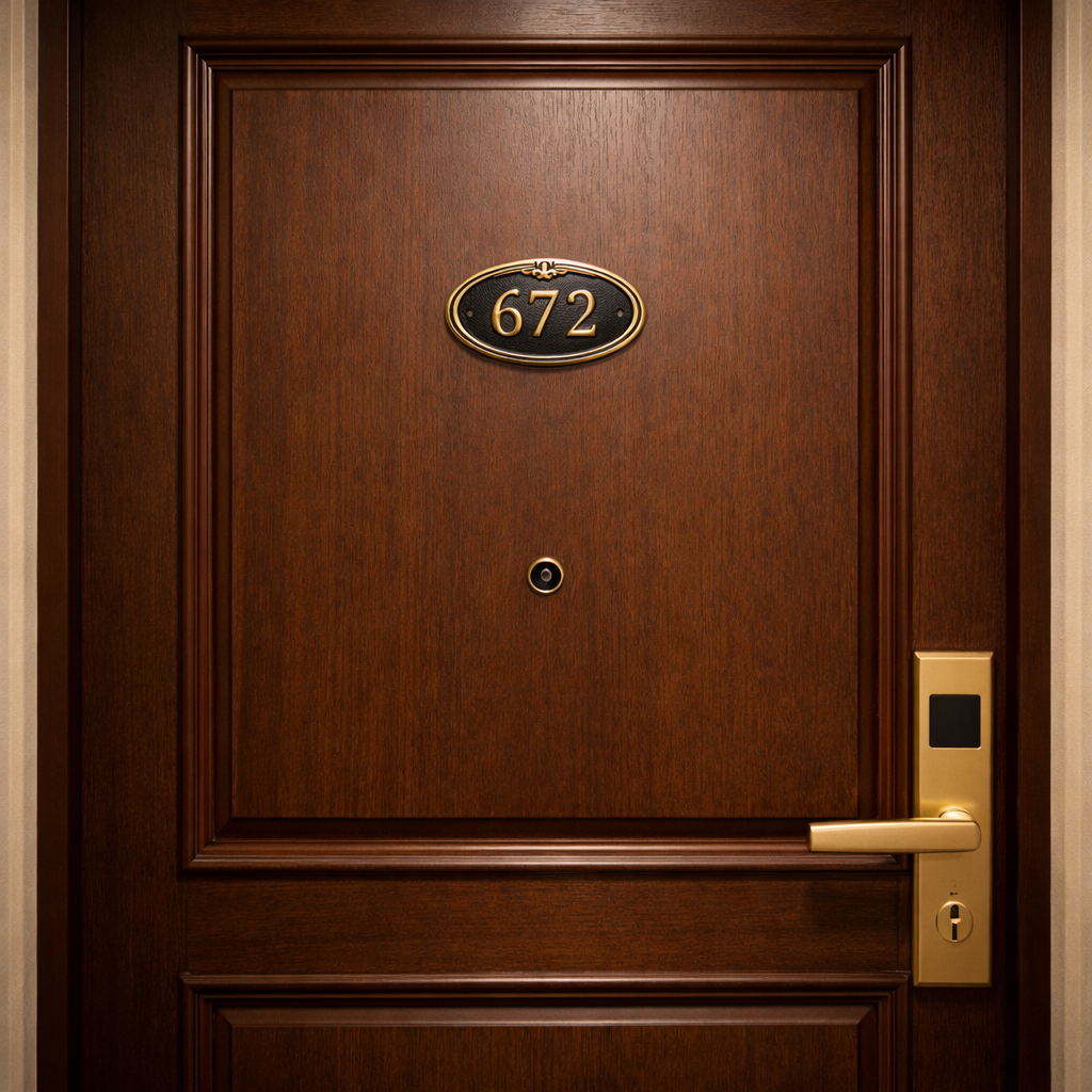 bronze oval hotel room number sign fleur de lis on door