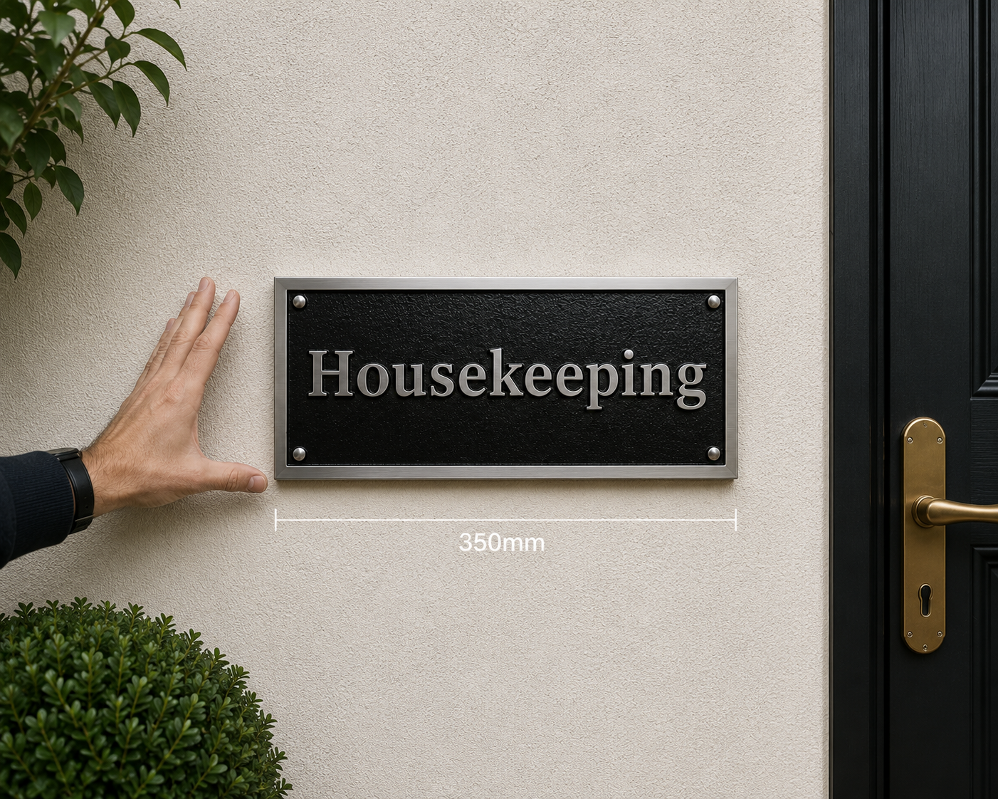 A rectangular black house number plaque with silver lettering reading 'Housekeeping' is mounted on a beige stucco wall next to a black door. A hand points to the plaque, and a dimension label '350mm' appears below it.