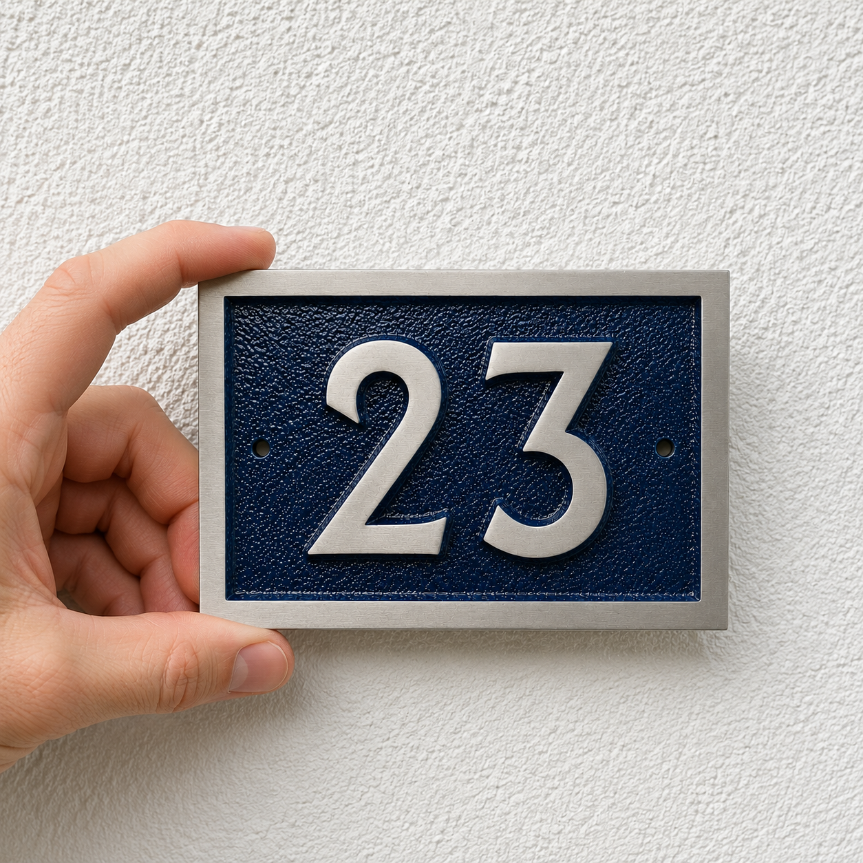 A hand holding a rectangular house number plaque against a textured white wall. The plaque features the number '23' in raised silver lettering on a dark navy blue textured background with a silver border.