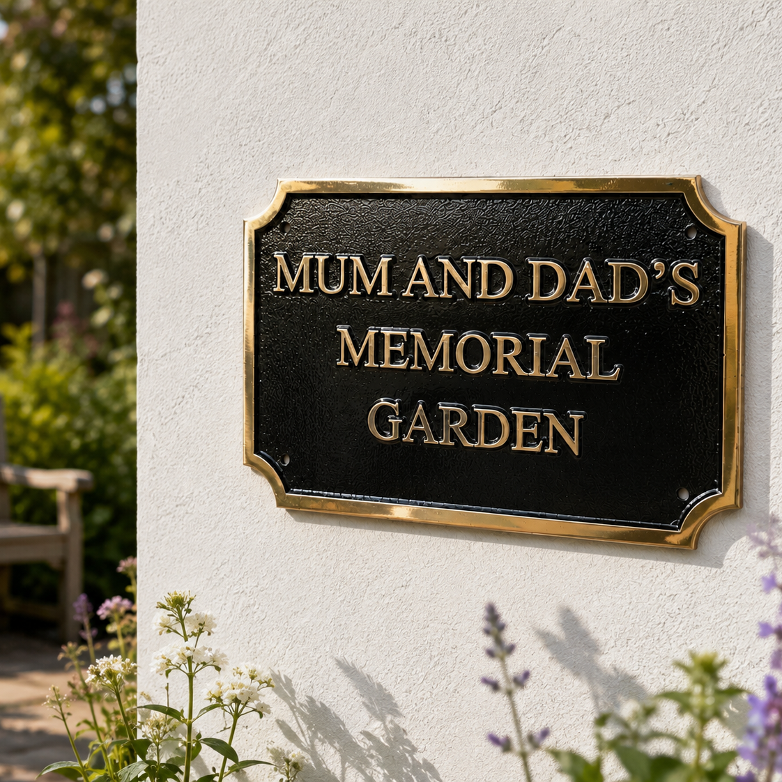 A black rectangular memorial garden plaque with gold lettering and a gold border, mounted on a white stucco wall in a garden setting.