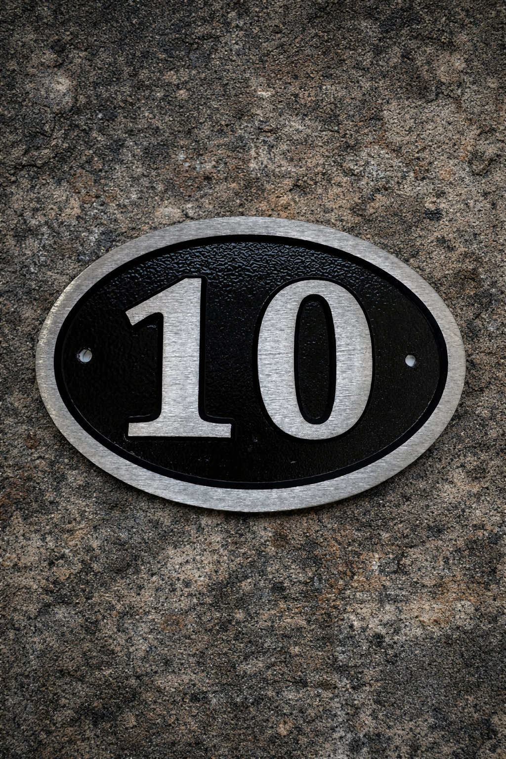 Cast aluminium oval hotel room number sign with raised numbers and black background mounted on wall