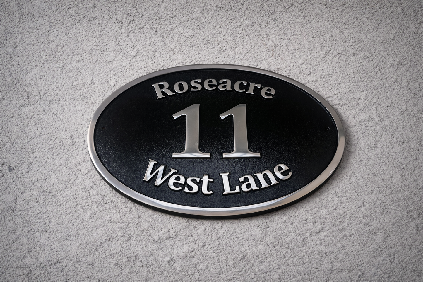 Cast aluminium oval house sign with custom name and number - black