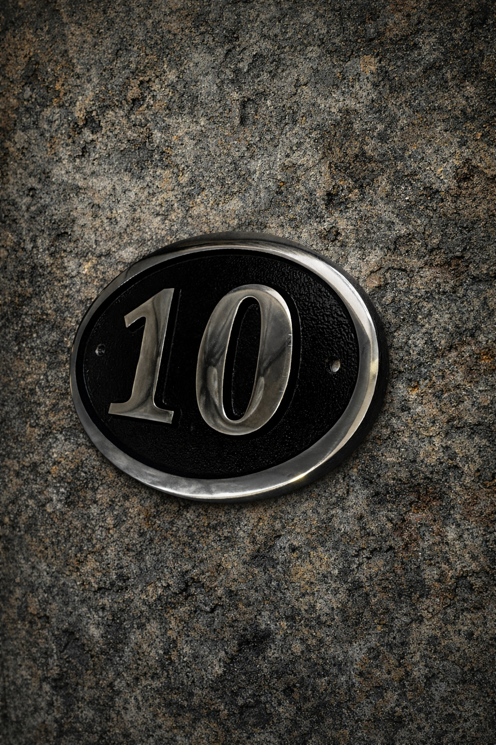 Cast aluminium oval hotel room number sign with raised numbers and black background mounted on wall