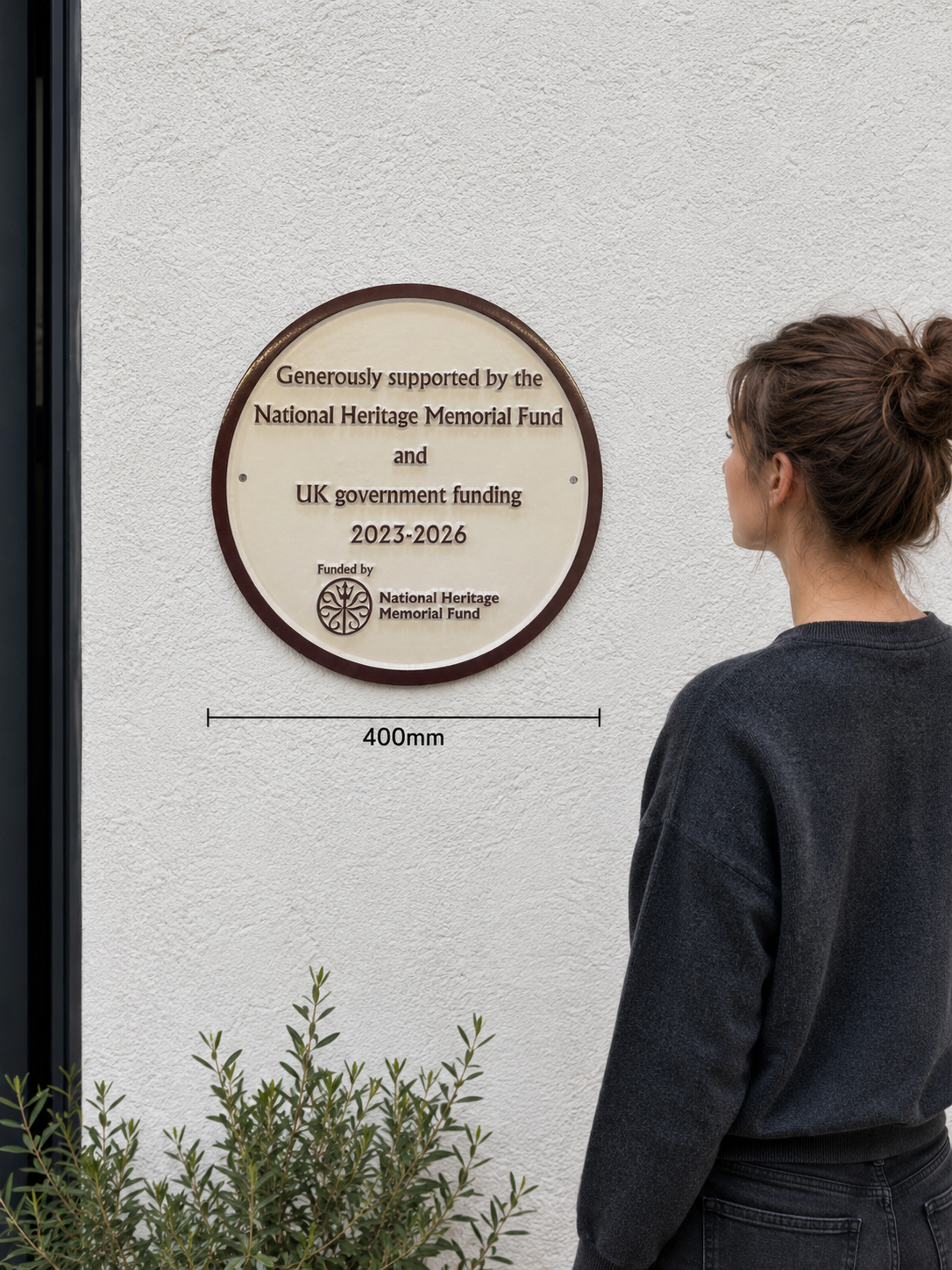 A round bronze and white National Heritage Memorial Fund commemorative plaque mounted on a white textured wall, with a woman standing to the right viewing it. A dimension line below the plaque indicates 400mm width.