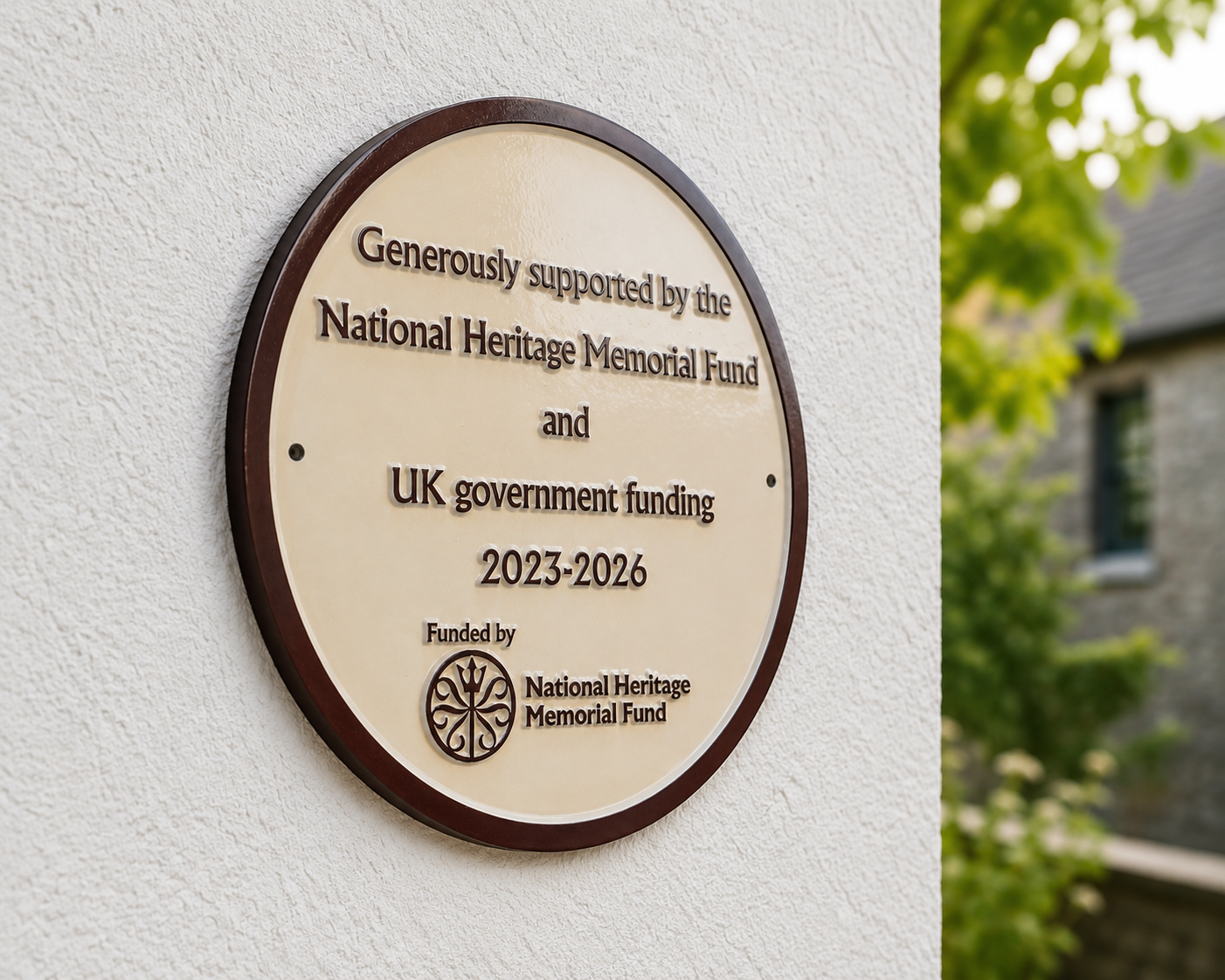 An oval commemorative plaque mounted on a textured white wall, with a blurred outdoor garden and stone building in the background. The plaque is cream-colored with a dark brown border and engraved text reading 'Generously supported by the National Heritage Memorial Fund and UK government funding 2023-2026' and 'Funded by National Heritage Memorial Fund' with a circular emblem.