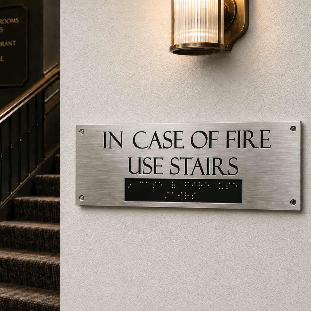 A brushed metal emergency exit sign reading 'IN CASE OF FIRE USE STAIRS' with Braille below, mounted on a light wall next to a staircase and a lit sconce.