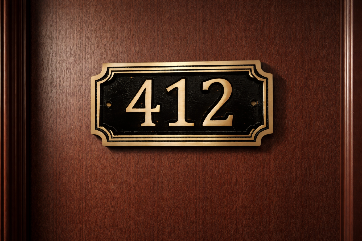 Cast bronze rectangle house number sign with raised numbers and double border mounted on exterior wall