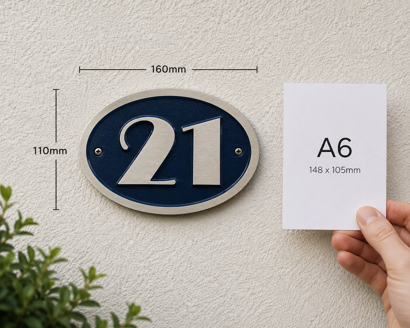 An oval house number plaque shown mounted on a textured wall, with dimension lines indicating 160mm width and 110mm height. A hand holds a white card labeled A6 next to it for scale.