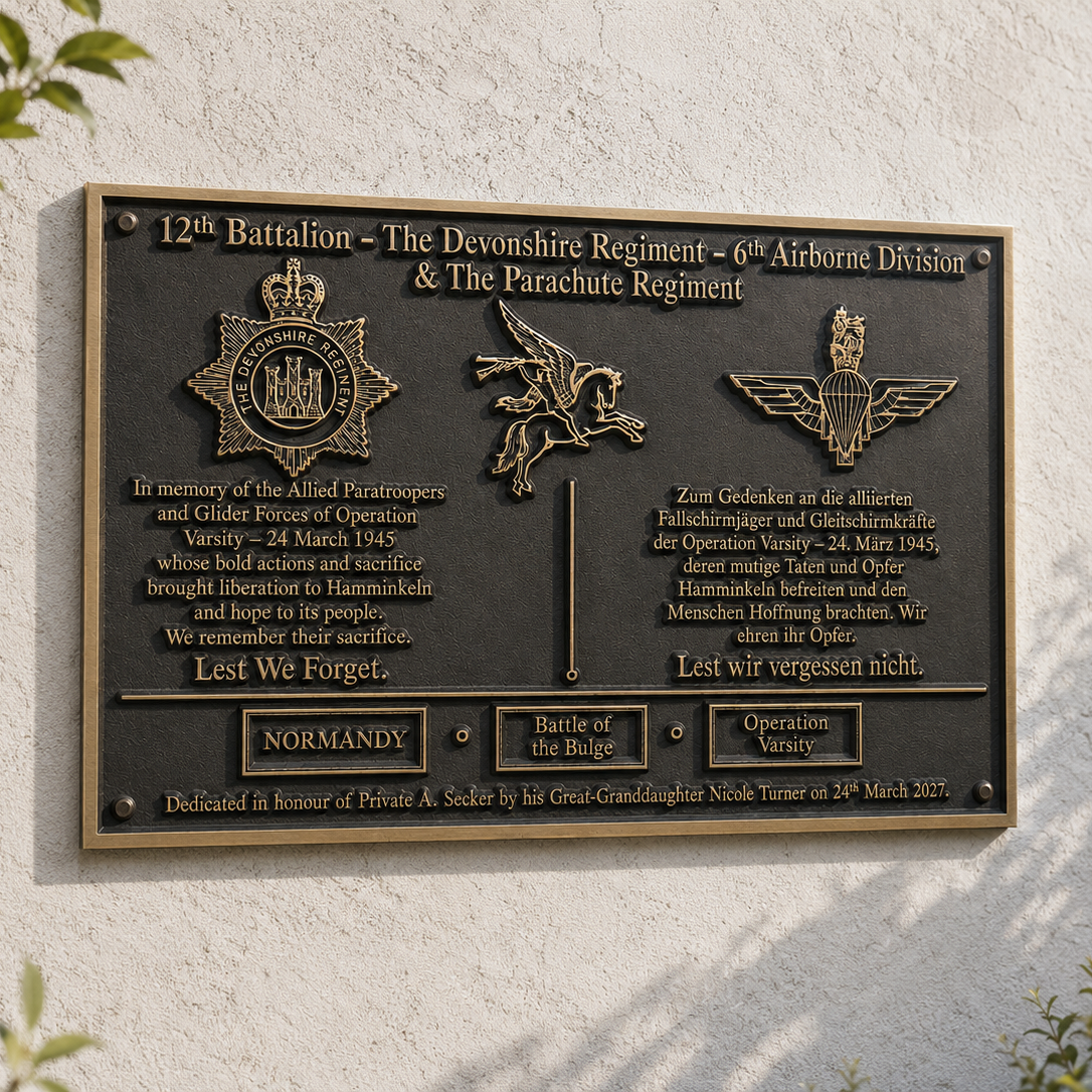 A bronze military commemorative plaque mounted on a white stucco wall, with green foliage visible at the left and right edges. The plaque features raised gold-toned insignia and text for the 12th Battalion - The Devonshire Regiment and 6th Airborne Division in Normandy.