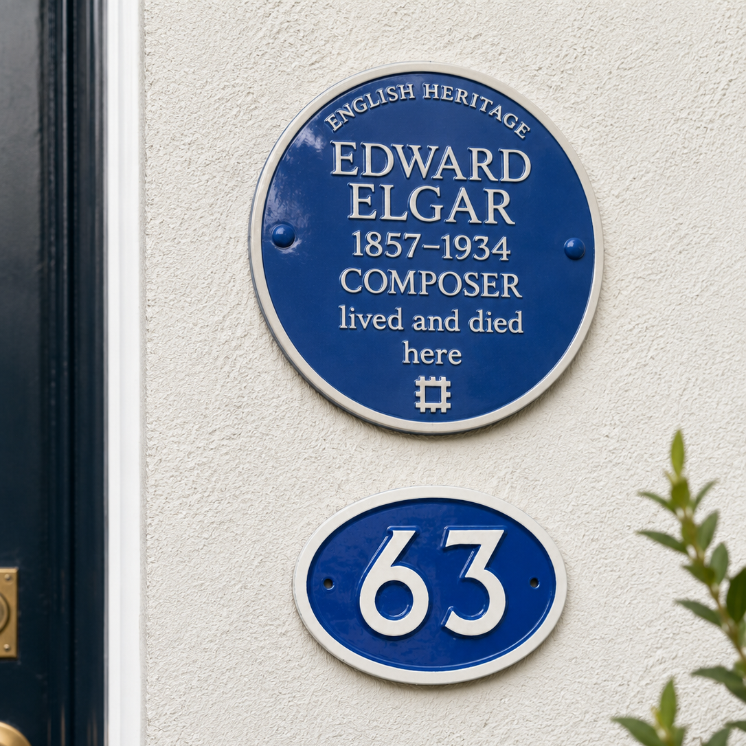A blue circular English Heritage plaque for composer Edward Elgar mounted on a textured white wall, with a smaller blue oval house number 63 plaque below and part of a dark door and green foliage visible at the edges.