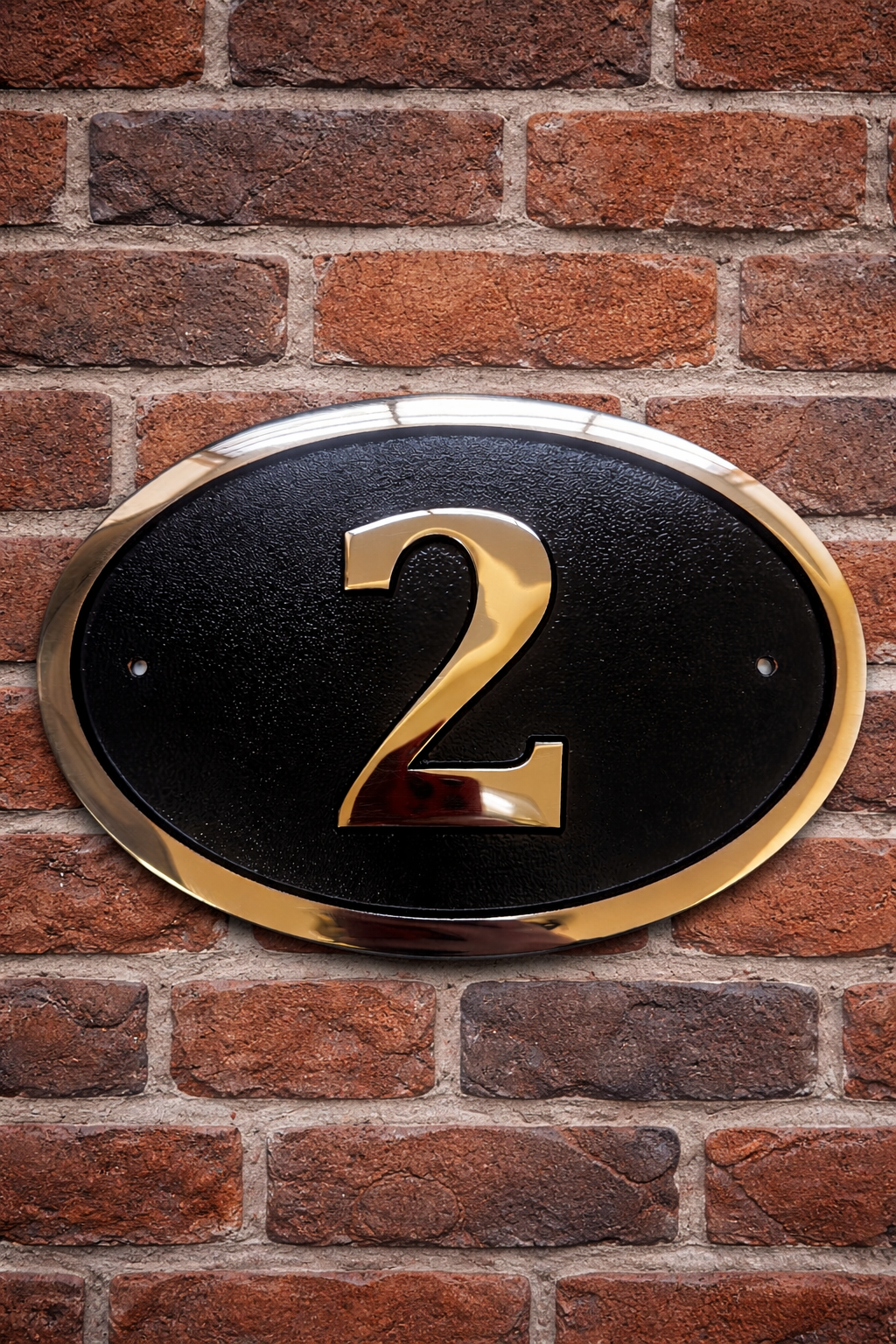 Cast bronze oval house number sign with polished raised numeral and black background
