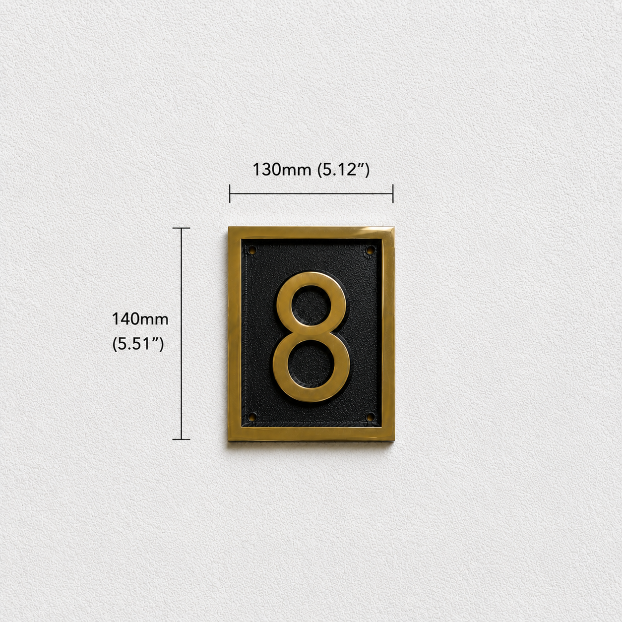 Gold house number 8 plaque on a black background, mounted on a textured white wall with dimension lines showing 130mm width and 140mm height.