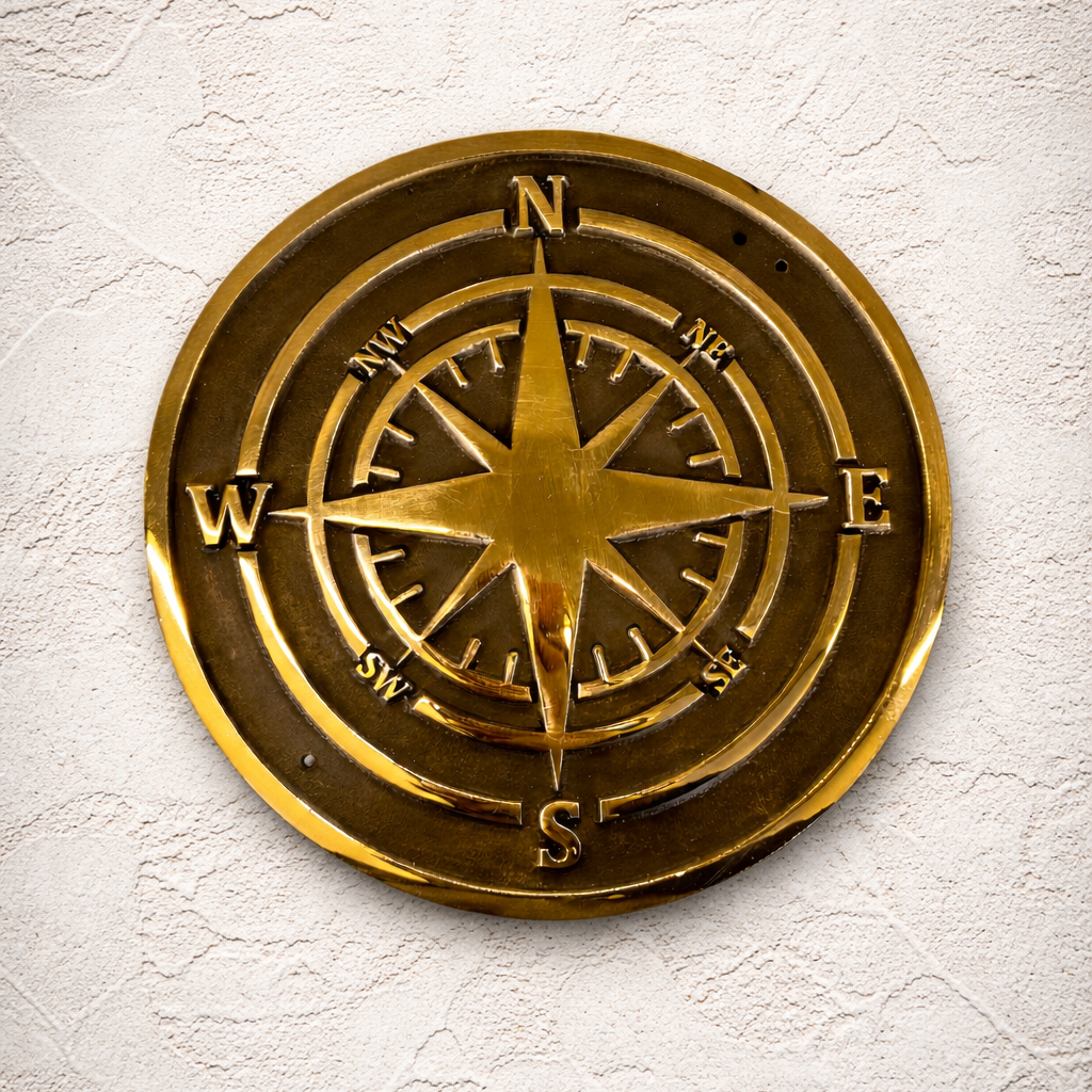 Cast bronze compass wall plaque with raised compass rose detail mounted on exterior wall