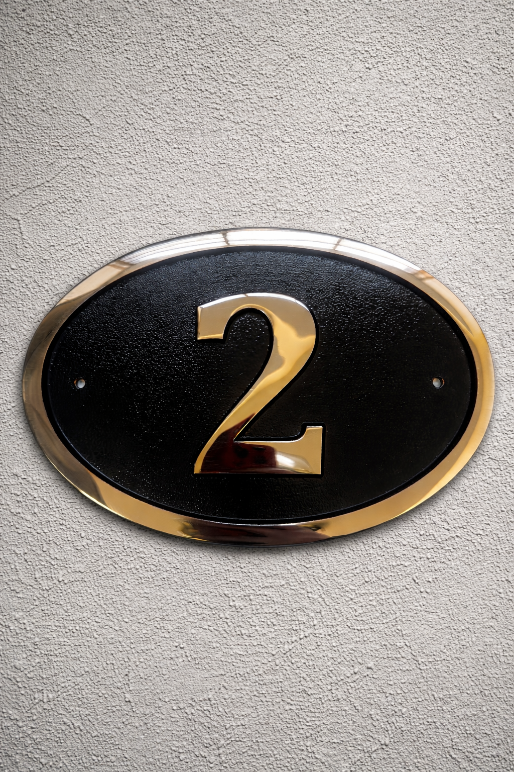 Cast bronze oval house number sign with polished raised numeral and black background
