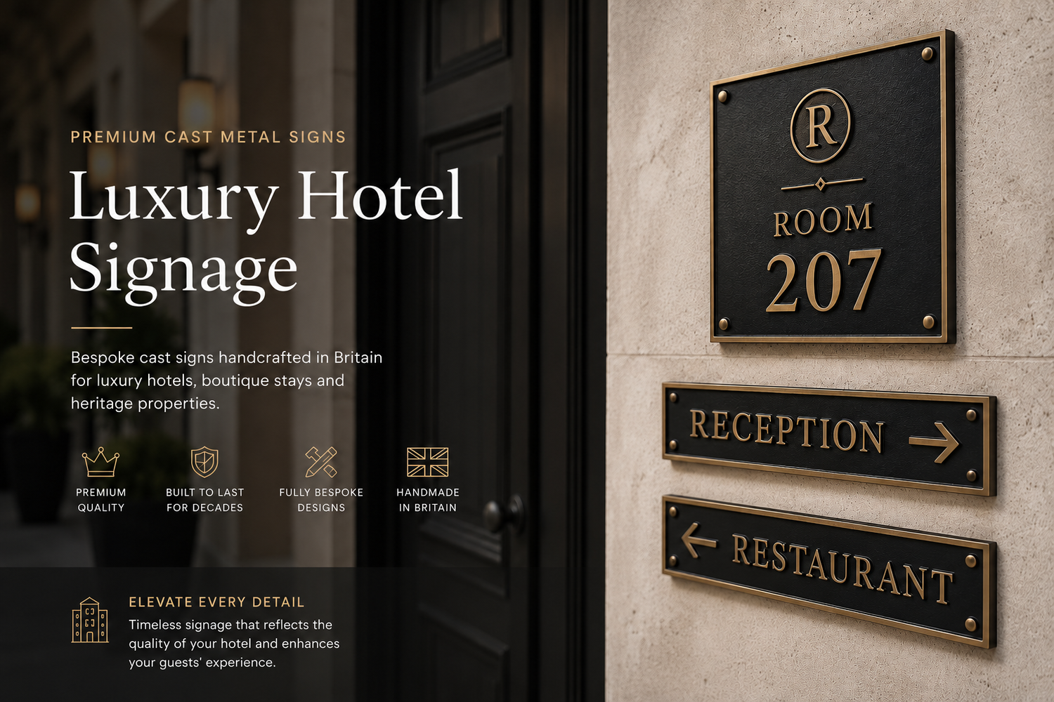 Luxury hotel room signage set featuring a black cast metal sign with gold lettering for 'ROOM 207' and directional signs for 'RECEPTION' and 'RESTAURANT' mounted on a beige stone wall next to a dark door.