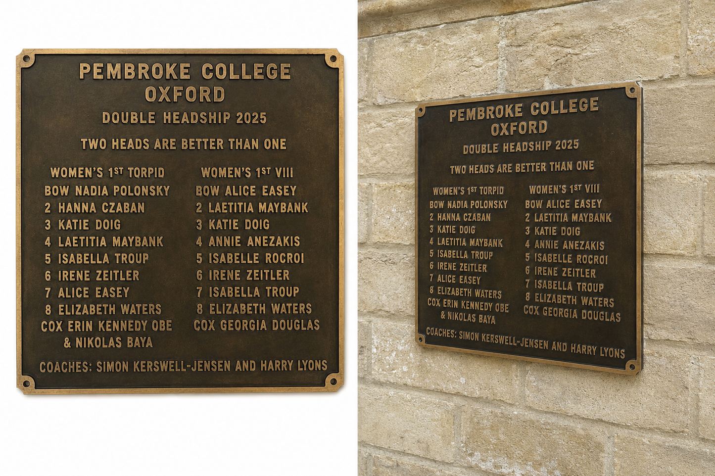 Two bronze commemorative headstone plaques for Pembroke College Oxford displayed side by side against a light beige stone wall. The left plaque is fully visible and shows the front with engraved names and coaches.