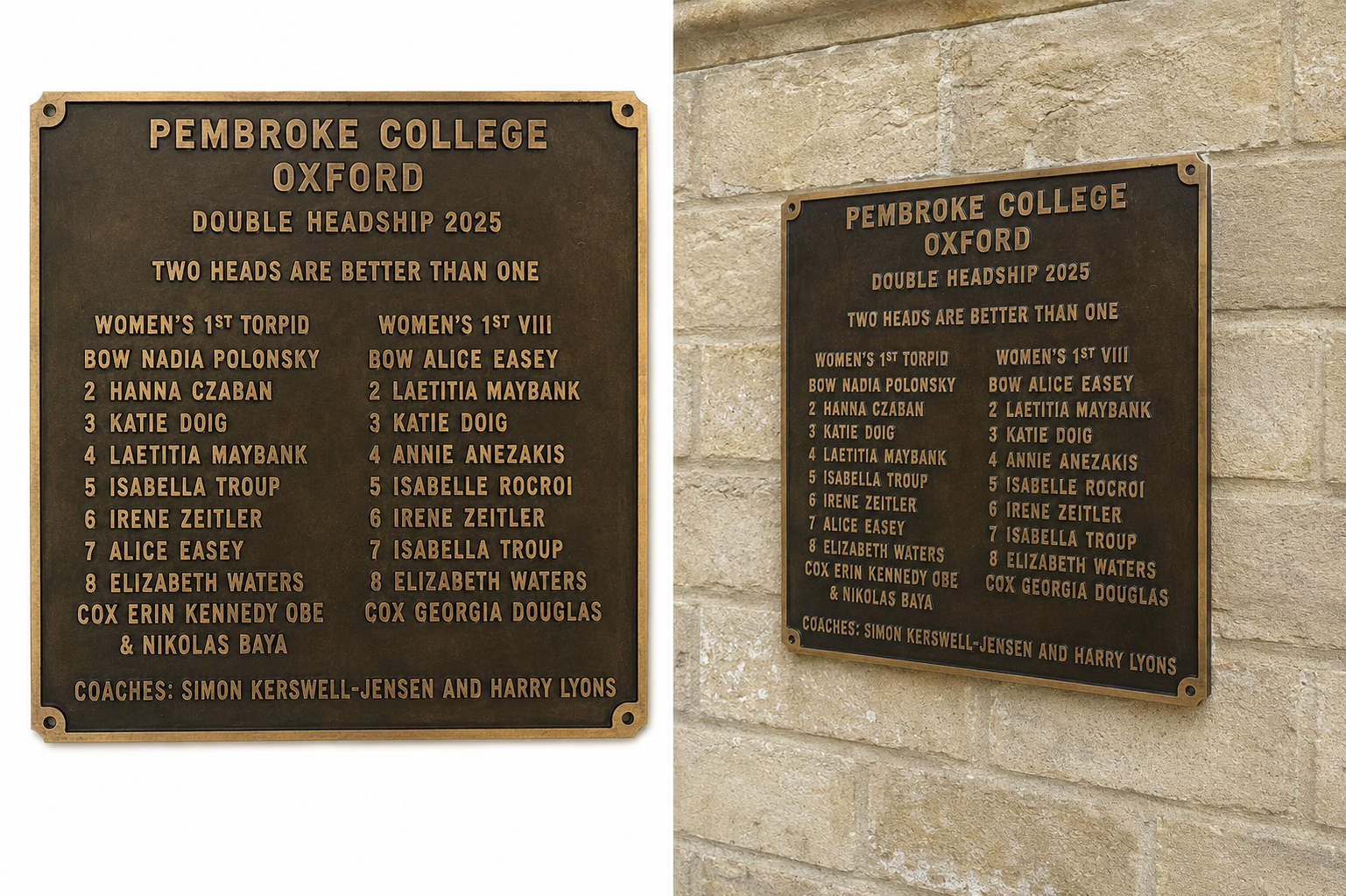 Two bronze commemorative headstone plaques for Pembroke College Oxford displayed side by side against a light beige stone wall. The left plaque is fully visible and shows the front with engraved names and coaches.