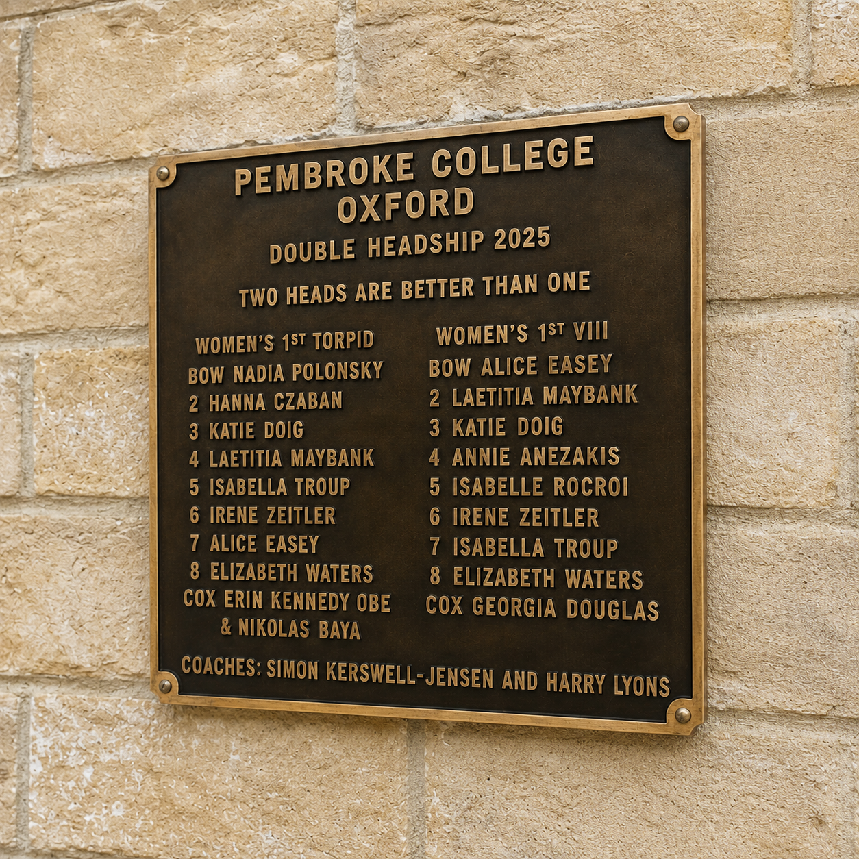 A bronze commemorative plaque for Pembroke College Oxford Double Headship 2025 mounted on a beige stone wall. The plaque features raised gold lettering listing the women's and men's top 8 players and coaches.