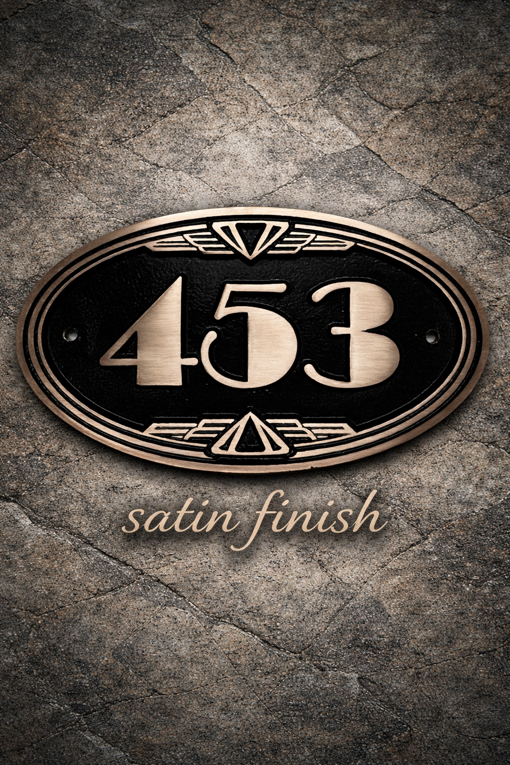 Luxury bronze hotel room number sign with geometric Art Deco detailing