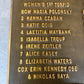 A close-up of a bronze or dark metal commemorative plaque with raised gold-colored text listing women's tennis players and coaches.