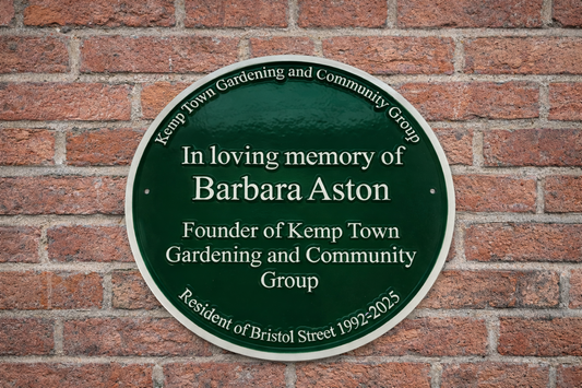 Green heritage style plaque cast in aluminium with raised lettering mounted on exterior wall
