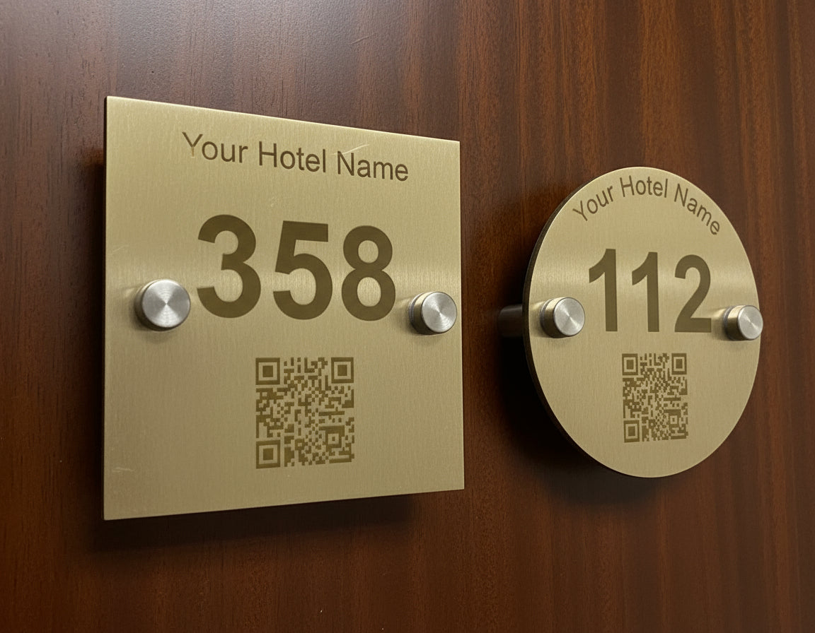 Two gold hotel room number signs with QR codes on a white wall.