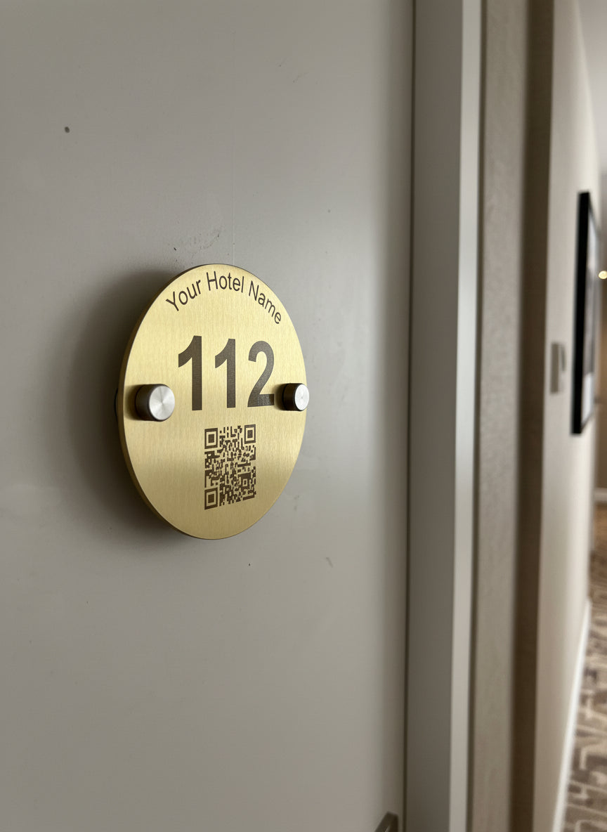 Brass door plate with 'Your Hotel Name' and number '112' on a white background