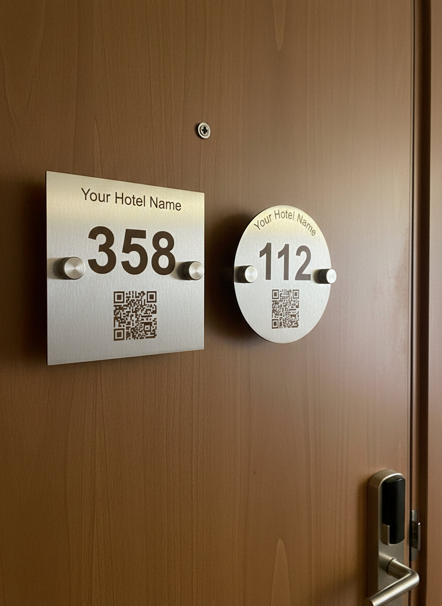 Two hotel room number signs with QR codes on a white wall.