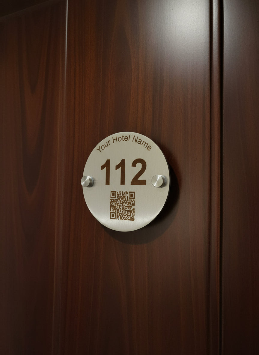 Metal hotel room key tag with number 112 and QR code on a white background