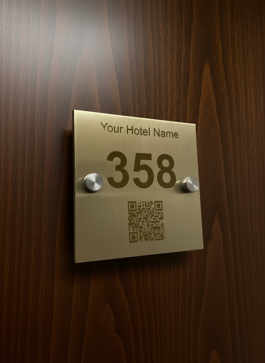Gold hotel room number sign with QR code on a gray background