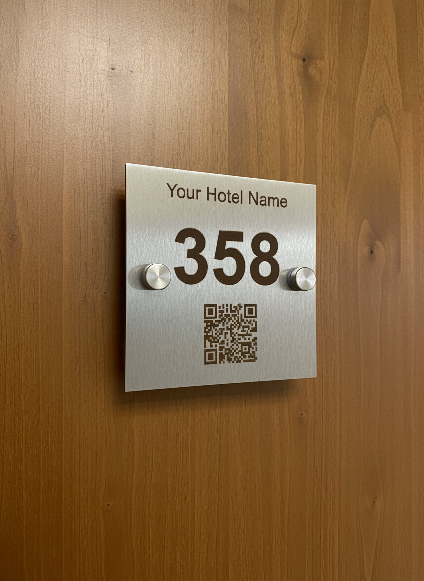 Hotel room number sign with QR code on a white wall