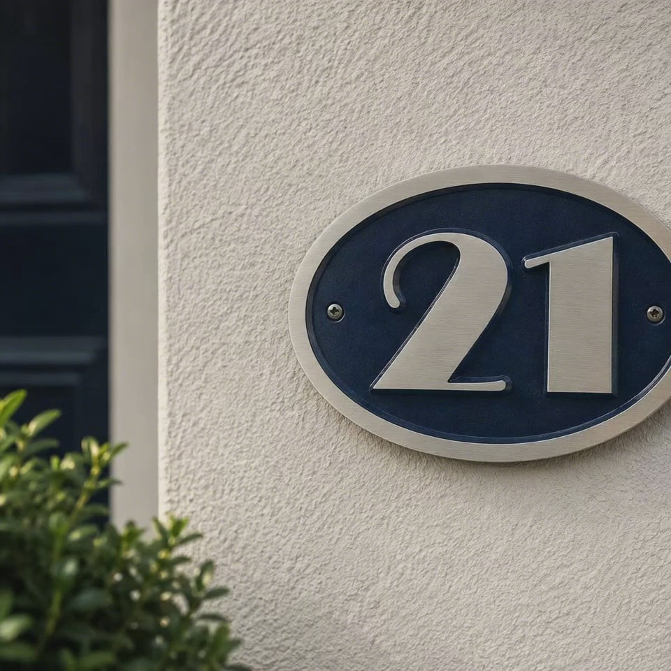An oval house number plaque reading '21' in raised silver numerals on a dark blue background, mounted on a textured off-white exterior wall next to a dark door and green shrubbery.