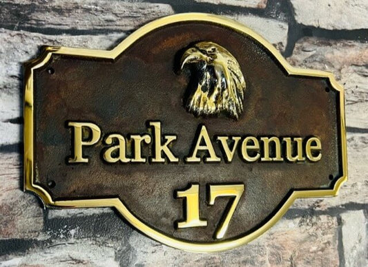 house address sign in red patina